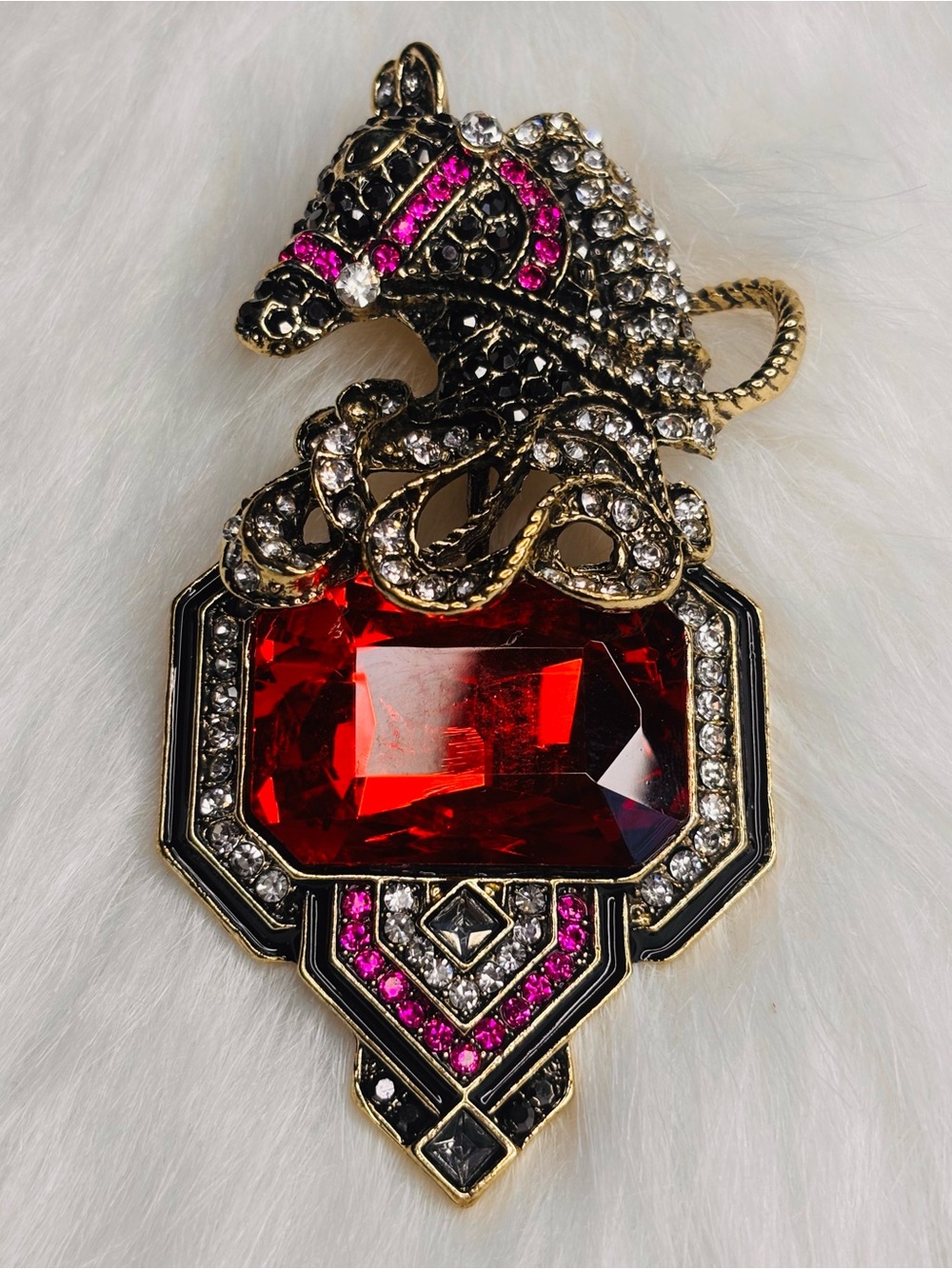 Large Horse Brooch Red Gem Rhinestone Black Enamel Equestrian